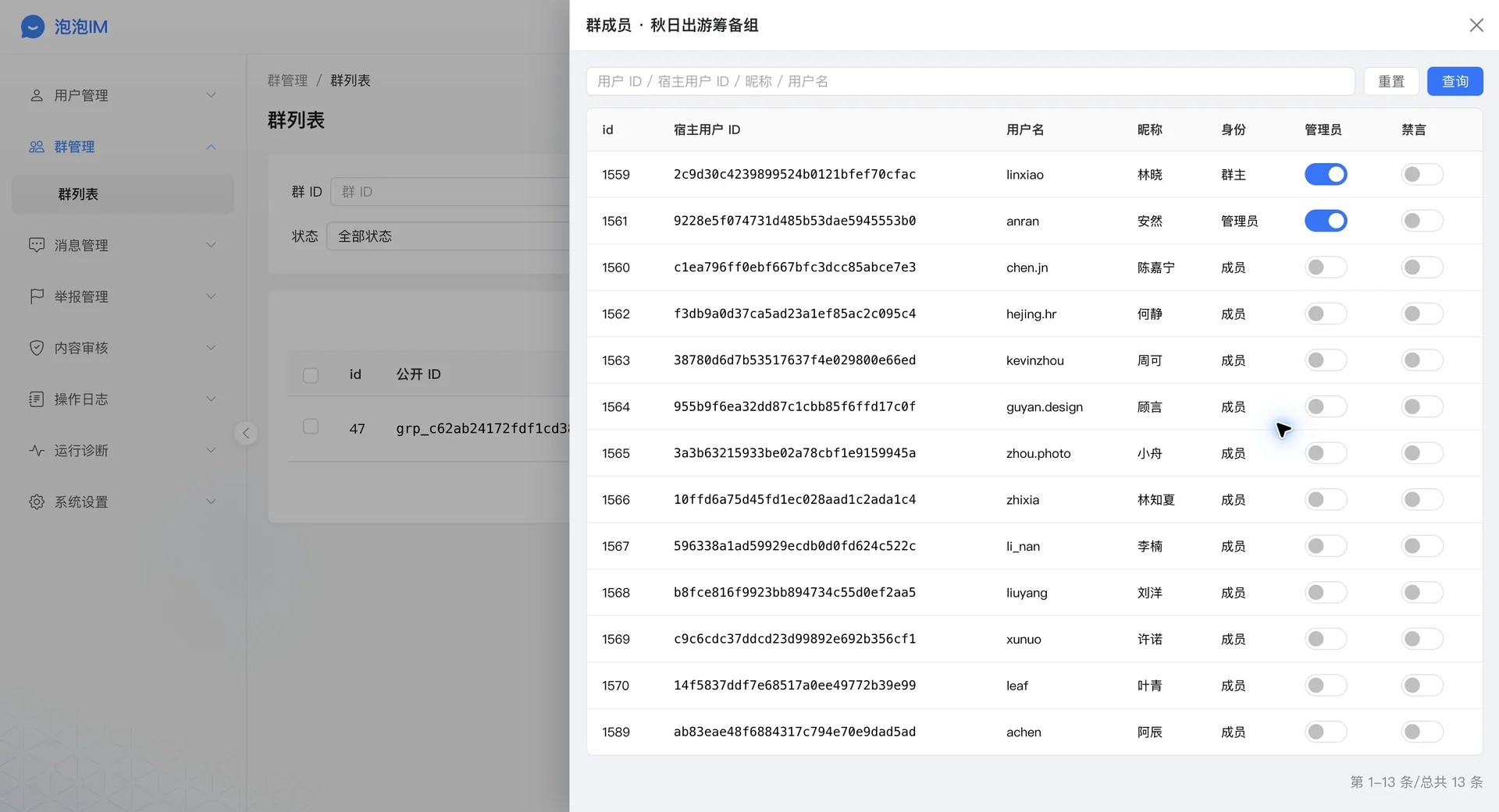 工作群成员与管理员、禁言开关