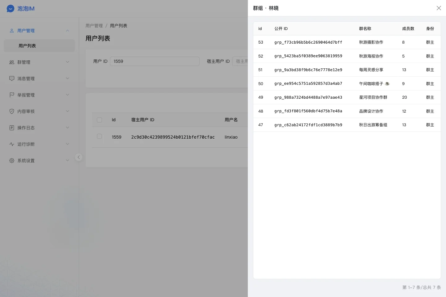 查看该用户参与的工作群与活动群