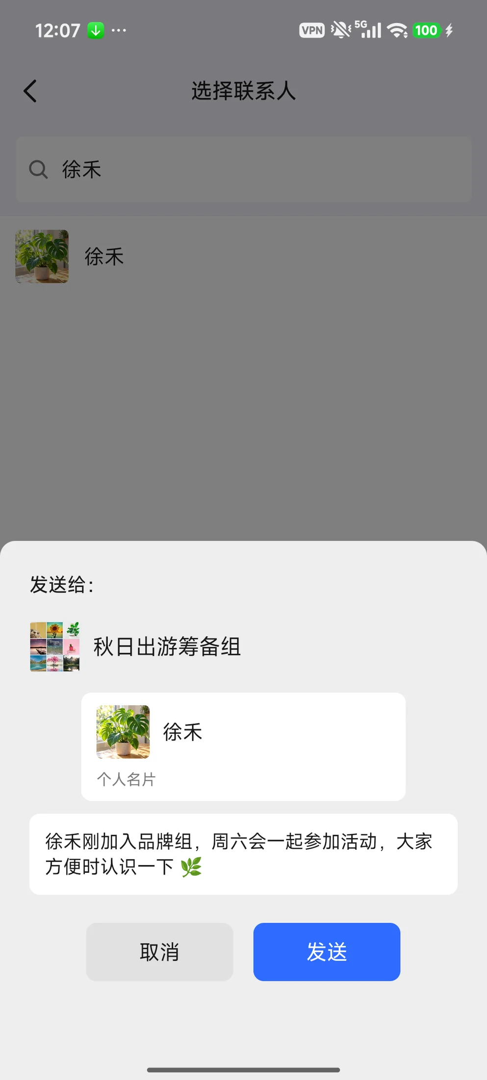 发送前确认群聊与名片对象