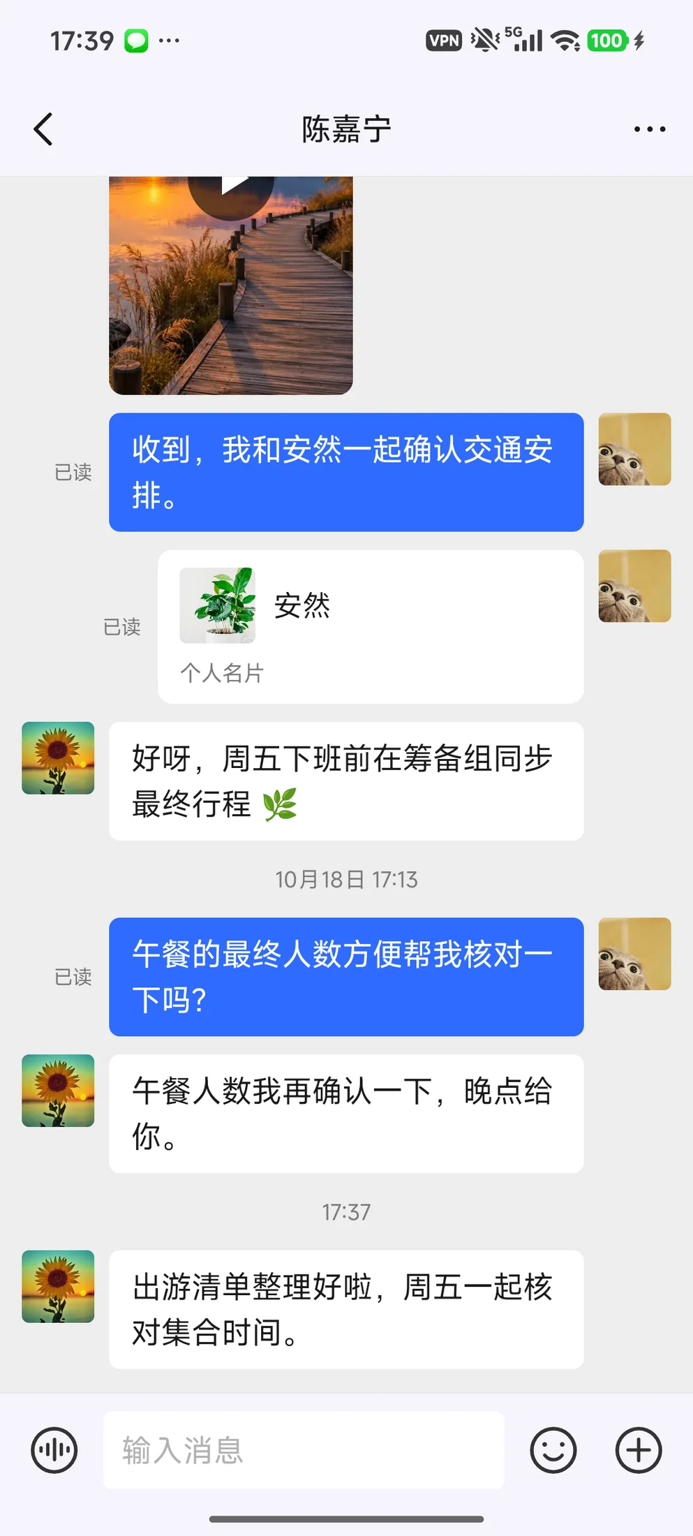 点击私聊系统通知后进入陈嘉宁的聊天并查看收到的消息
