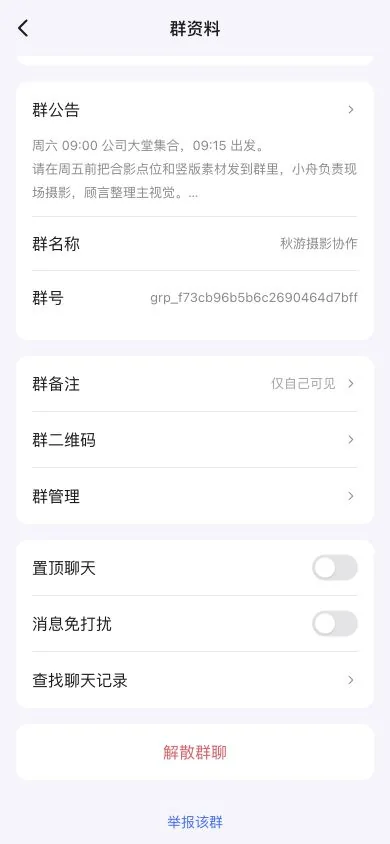 聊天详情中的置顶与免打扰开关